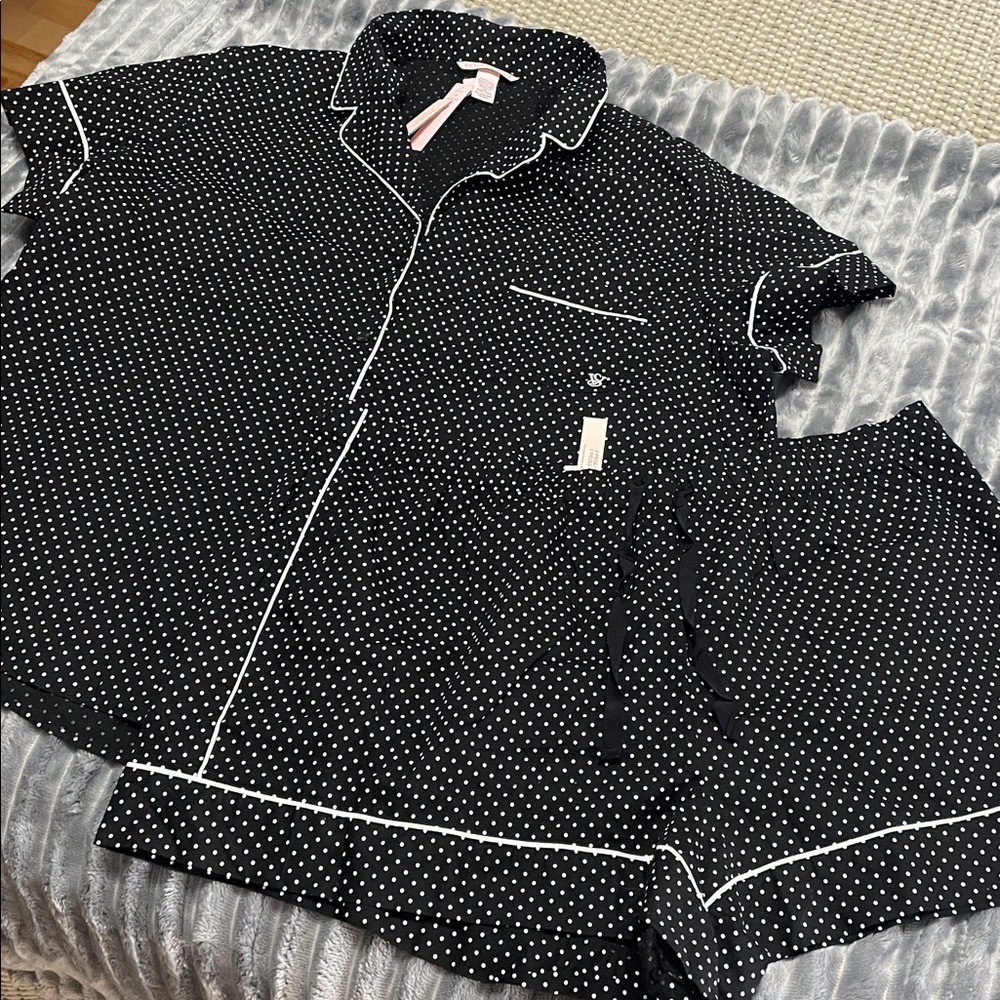 NWT Victorias Secret Black Polka Dot Button up Shirt & Shorts Pajama set PJ XXL - Picture 5 of 11